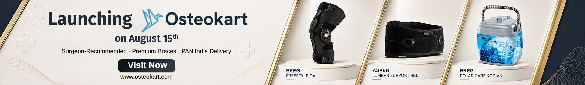 Launching Osteokart on August 15, 2026 — featuring Breg Polar Care Wave, Breg Freestyle OA, Aspen Lumbar Support Belt, Breg Polar Care Kodiak