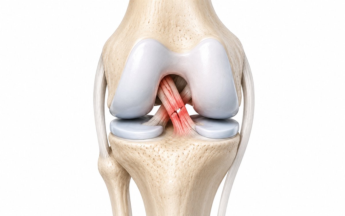 Anatomical illustration of an ACL / ligament injury — showing femur, torn ACL, meniscus and tibia